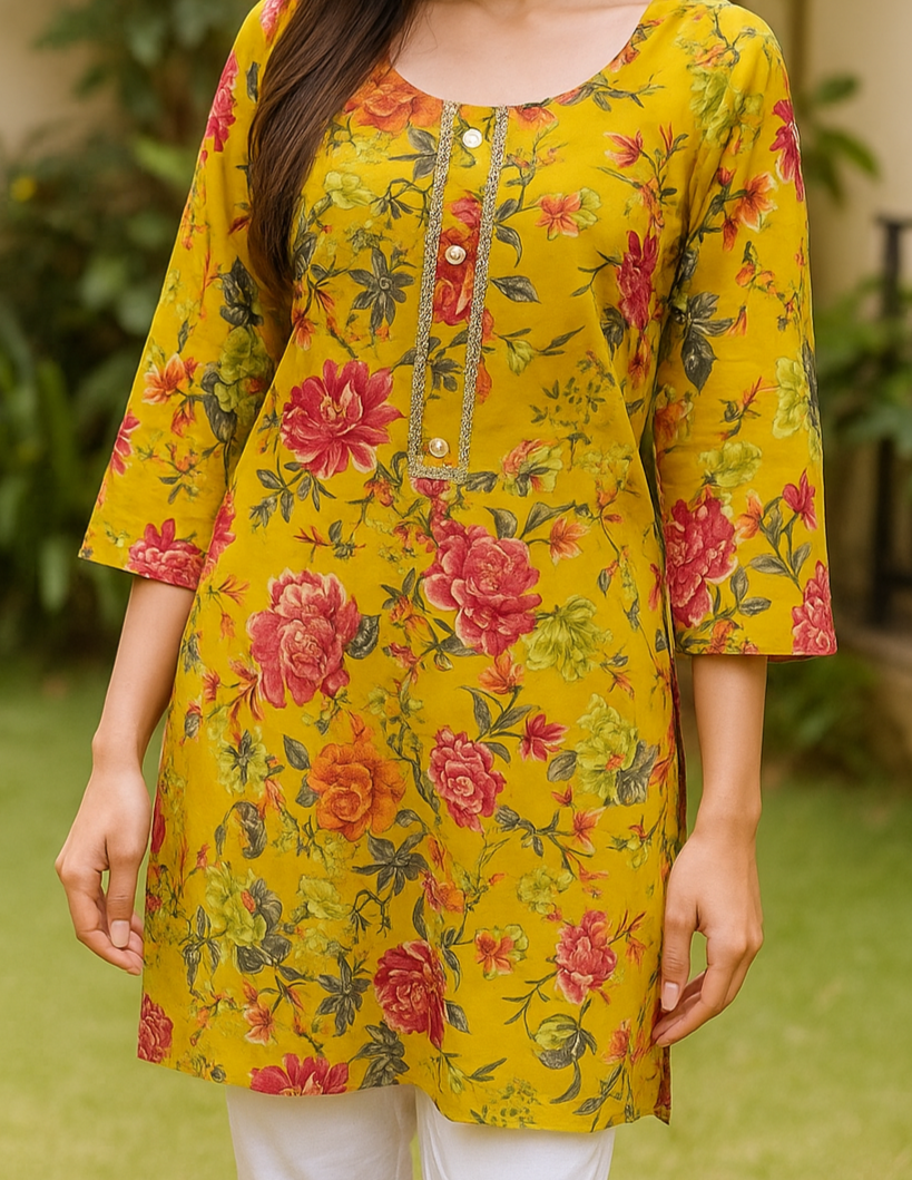 Floral Yellow Short Kurti