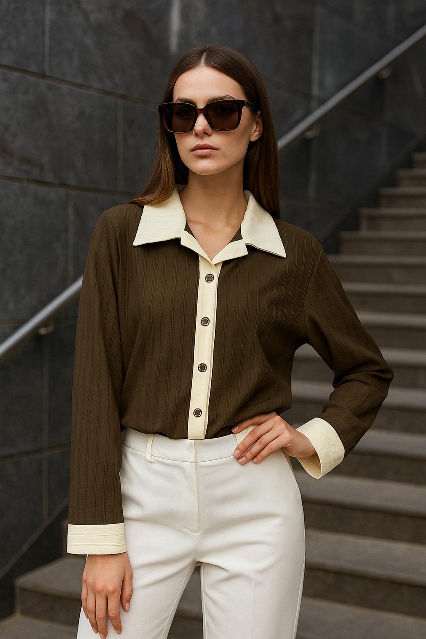 Brown Cardigan Top with White Collar