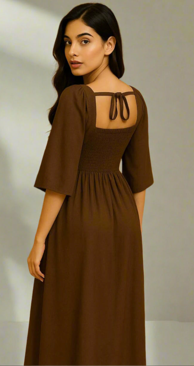 Chocolate Brown Square Neck Midi Dress