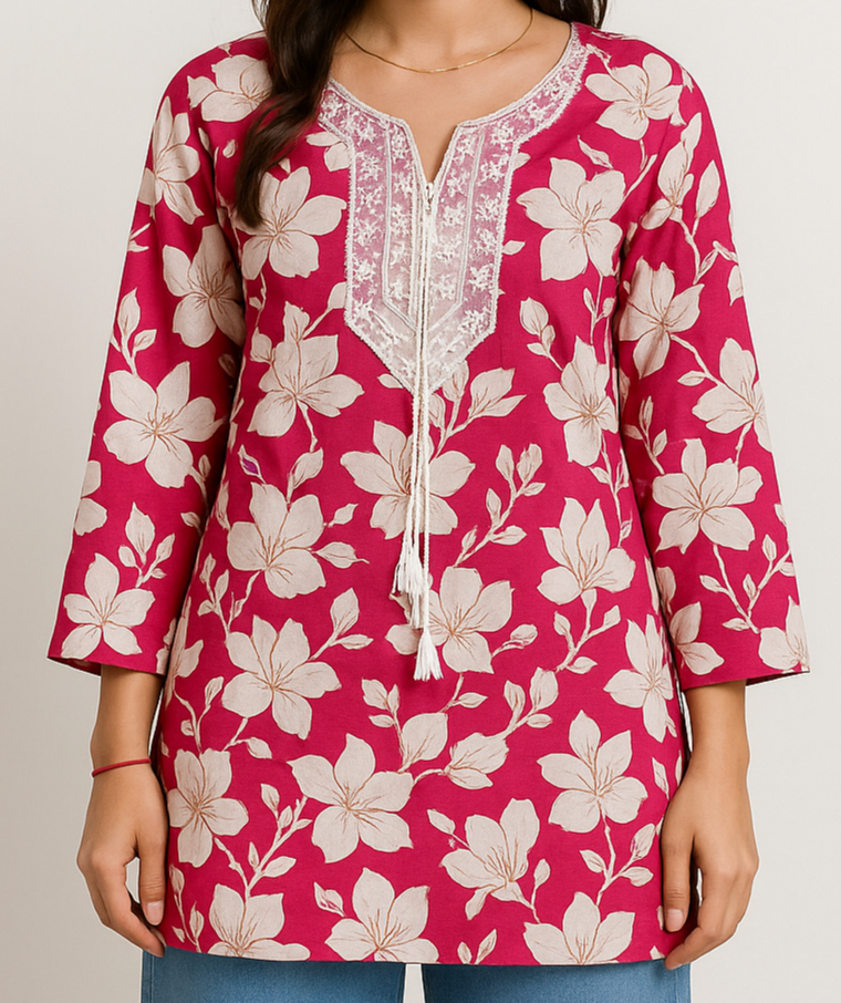 Pink Floral Rayon Kurti