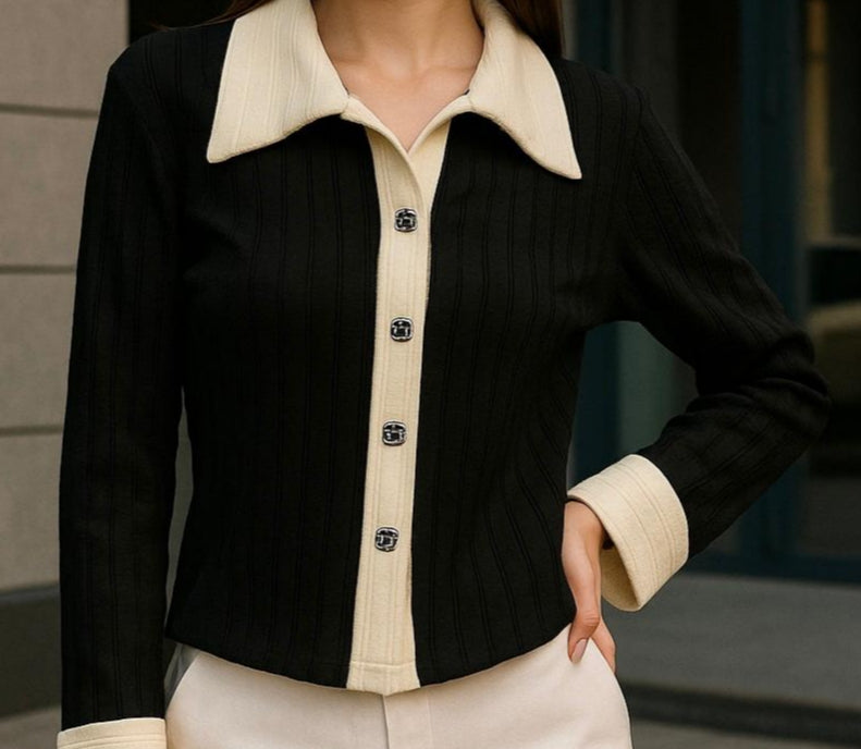 Black Cardigan Top with White collar