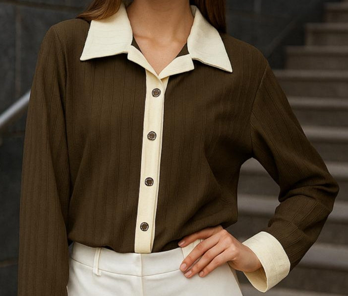Brown Cardigan Top with White Collar