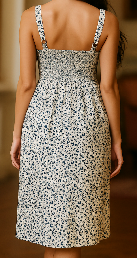 Bluish Floral Print Button Down Dress