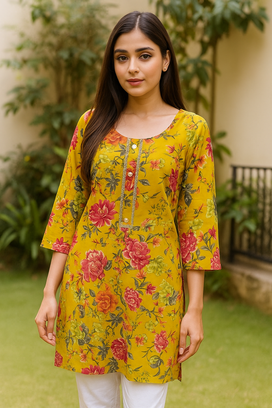 Floral Yellow Short Kurti