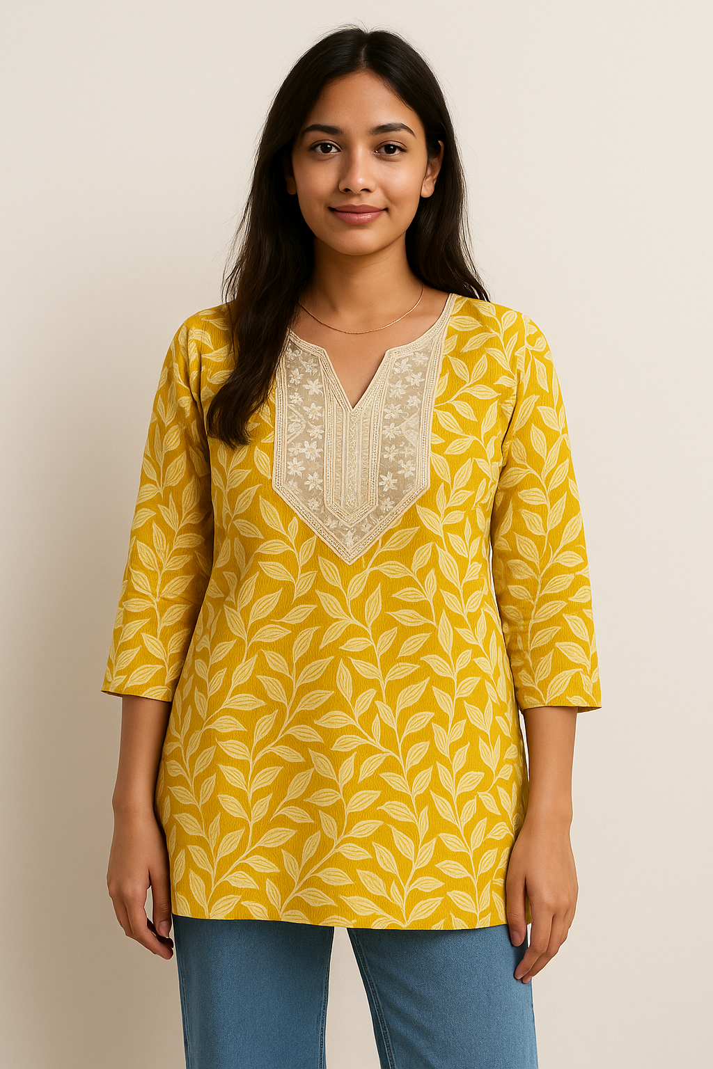 Yellow floral rayon kurti