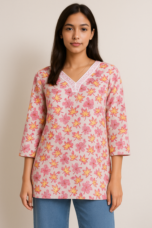 V-neck Pink Short Kurti