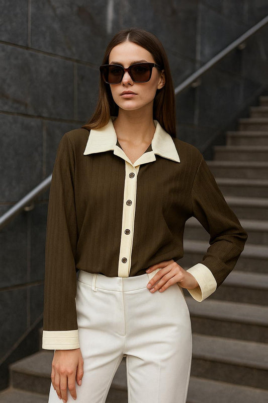 Brown Cardigan Top with White Collar