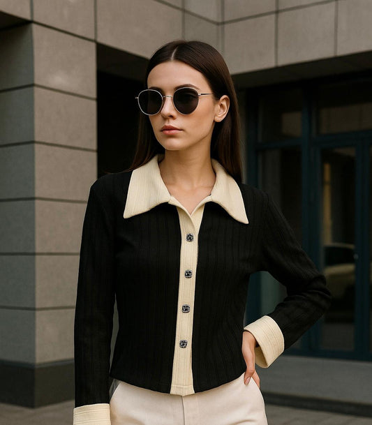 Black Cardigan Top with White collar