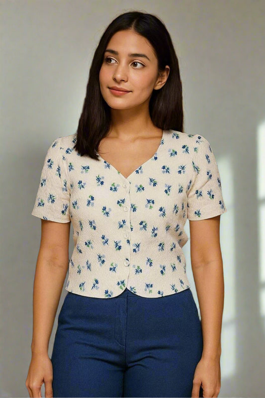 White Floral Printed V-neck Top