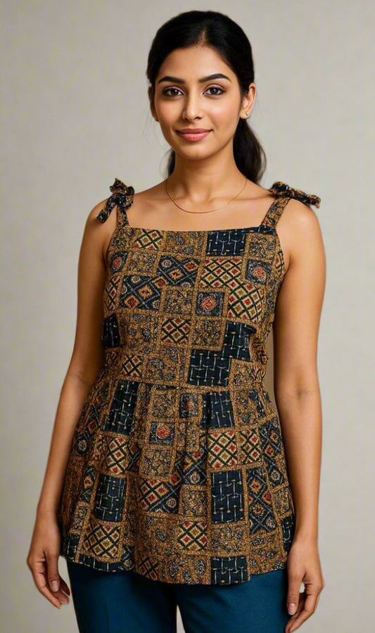 Blue Muticolored Ethnic Top with Knot tie