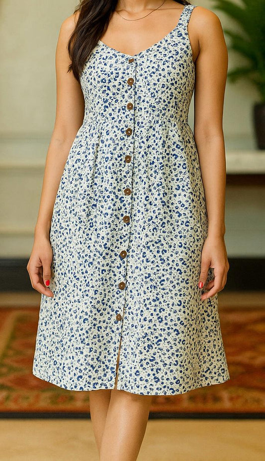 Bluish Floral Print Button Down Dress
