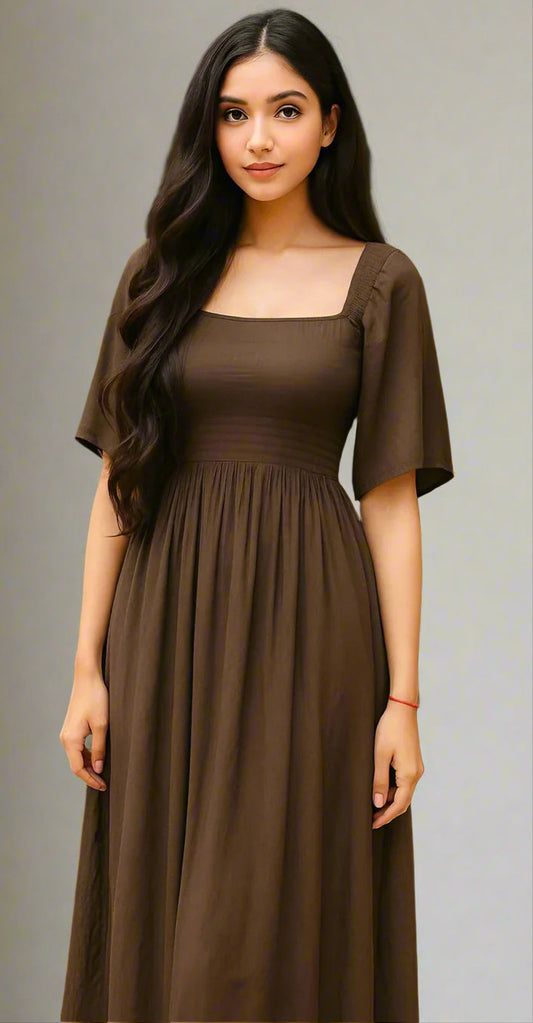 Chocolate Brown Square Neck Midi Dress