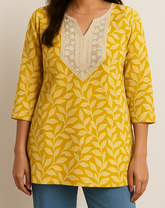 Yellow floral rayon kurti