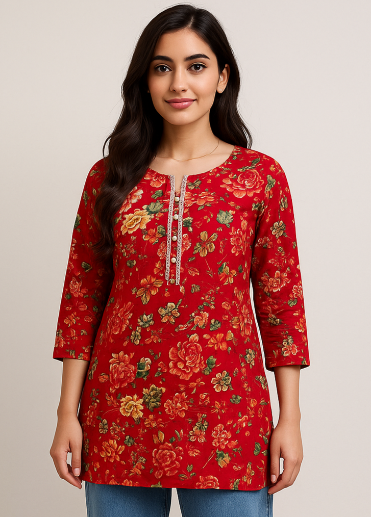 Floral Red Short Kurti