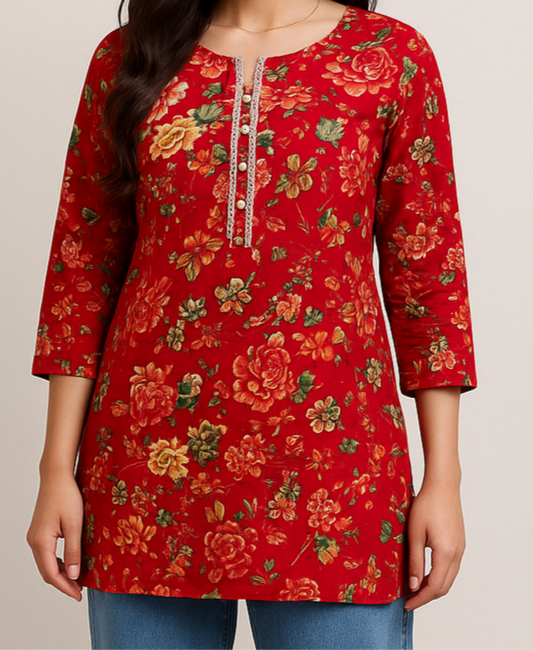Floral Red Short Kurti