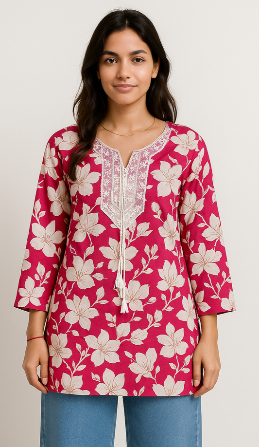 Pink Floral Rayon Kurti
