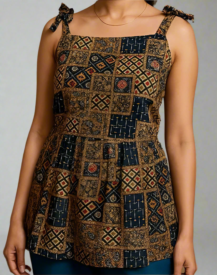 Blue Muticolored Ethnic Top with Knot tie