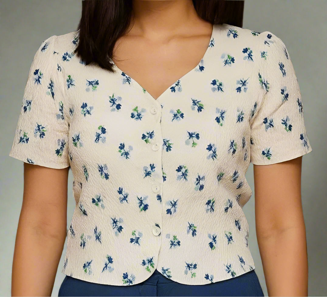 White Floral Printed V-neck Top