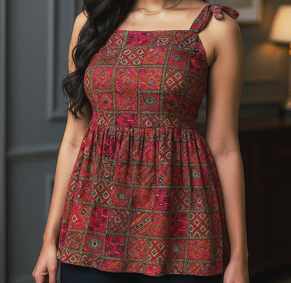 Pink Multicolored Ethnic Top with Knot tie