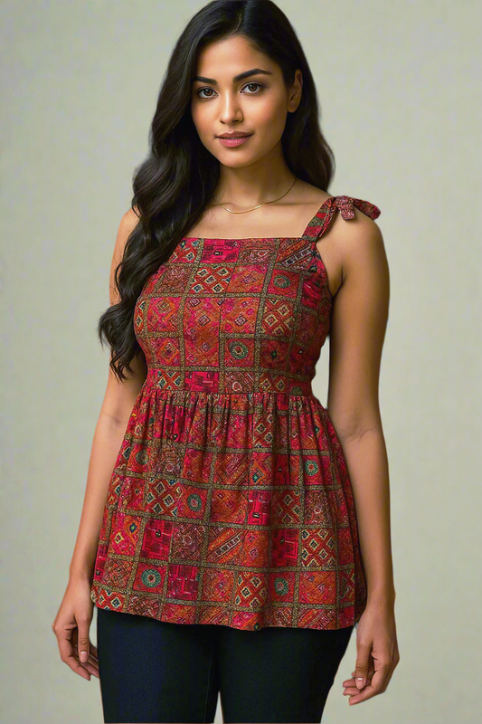 Pink Multicolored Ethnic Top with Knot tie
