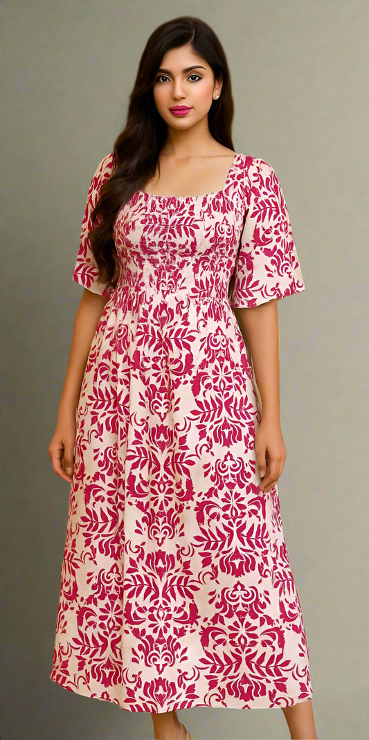 Pinkish Leaf Printed Dress